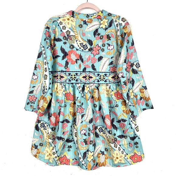 Boho Floral Paisley Tunic Blouse Womens SZ L Turquoise High neck High Low Hem - Picture 4 of 9